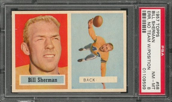 1957 Topps Football #58 Willard Sherman/Err No Team/With Position – PSA NM-MT 8